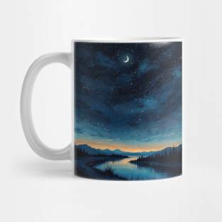 lake with starry night crescent moon Mug